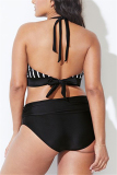 Black Sexy Striped Print Plus Size Swimsuit