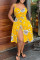 Yellow Fashion Sexy Print Slit Spaghetti Strap Sleeveless Dress