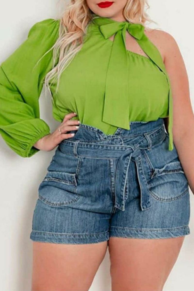 Wholesale Green Sexy Solid Patchwork One Shoulder Plus Size Tops K21228 1 Online