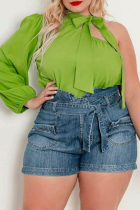 Green Sexy Solid Patchwork One Shoulder Plus Size Tops