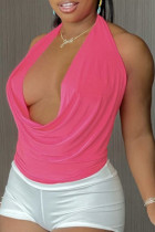 Pink Fashion Sexy Solid Backless Halter Tops
