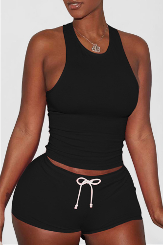 Black Casual Sportswear Solid Basic O Neck Sleeveless Two Pieces