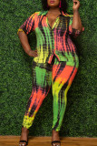 Multicolor Fashion Casual Tie Dye Printing Turndown Collar Plus Size Two Pieces