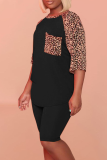 Rose Red Casual Leopard Patchwork O Neck Short Sleeve Two Pieces