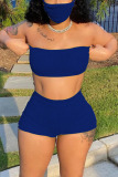 Blue Simplicity Solid Strapless Sleeveless Two Pieces（with a mask）
