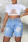 Dark Blue Fashion Casual Solid Ripped Without Belt High Waist Jeans