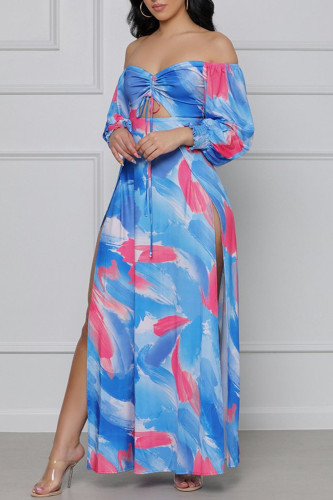 Blue Fashion Sexy Print Hollowed Out Slit Off the Shoulder Long Sleeve Dresses