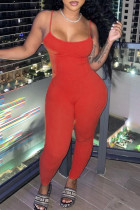 Tangerine Red Sexy Casual Solid Backless Spaghetti Strap Skinny Jumpsuits