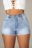 Light Color Casual Solid Patchwork Mid Waist Skinny Denim Shorts