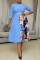 Light Blue Fashion Casual Print Split Joint O Neck Half Sleeve Dresses