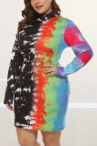 Multicolor Fashion Printing Turtleneck Plus Size Dress