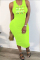 Fluorescent Green Fashion Sexy Letter Print Hollowed Out Fold O Neck Vest Dress