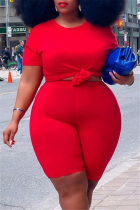 Red Fashion Casual Solid Basic O Neck Plus Size Two Pieces