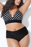 Black Sexy Striped Print Plus Size Swimsuit