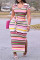 Pink Fashion Casual Plus Size Striped Print Slit O Neck Short Sleeve Dress