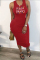 Red Fashion Sexy Letter Print Hollowed Out Fold O Neck Vest Dress