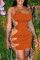 Orange Sexy Solid Hollowed Out Frenulum Spaghetti Strap Sleeveless Dress