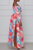 Blue Fashion Sexy Print Hollowed Out Slit Off the Shoulder Long Sleeve Dresses
