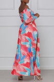 Blue Fashion Sexy Print Hollowed Out Slit Off the Shoulder Long Sleeve Dresses