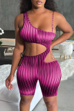 Purple Fashion Sexy Print Hollowed Out Backless Spaghetti Strap Skinny Romper