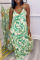 Green Sexy Print Backless Spaghetti Strap Sleeveless Dress