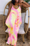Pink Fashion Sexy Tie Dye Printing Spaghetti Strap Sleeveless Dress