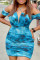 Blue Fashion Sexy Print Backless Off the Shoulder Printed Dress