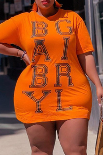 Orange Fashion Casual Plus Size Letter Print Basic O Neck T-shirt Dress
