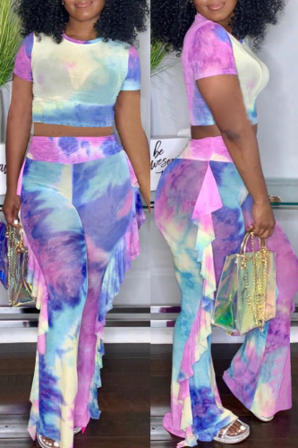 Purple Fashion Casual Tie Dye Printing O Neck Short Sleeve Two Pieces