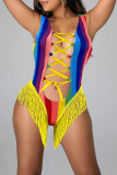 Rainbow Color Fashion Sexy Print Tassel Hollowed Out Swimwears