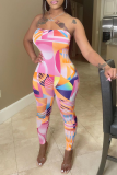 Pink Sexy Print Patchwork Strapless Skinny Jumpsuits