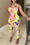 Yellow Sexy Print Patchwork Strapless Skinny Jumpsuits