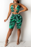 Black Yellow Fashion Sexy Print Bandage Spaghetti Strap Sleeveless Two Pieces