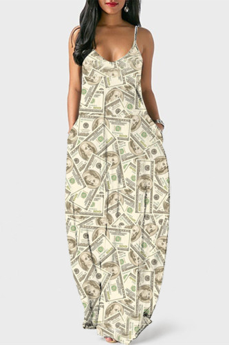 Yellow Fashion Casual Printed Suspender Dress
