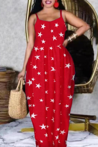 Red Sexy Casual Plus Size Print Backless Spaghetti Strap Sleeveless Dress