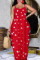 Red Sexy Casual Plus Size Print Backless Spaghetti Strap Sleeveless Dress
