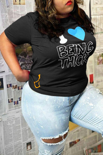 Black Fashion Casual Letter Print Basic O Neck Plus Size Tops