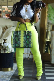Fluorescent Yellow Fashion Casual Solid Patchwork Fold Asymmetrical O Neck Half Sleeve Two Pieces