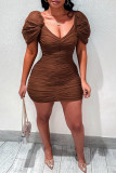 Brown Fashion Sexy Solid Fold V Neck Short Sleeve Dress
