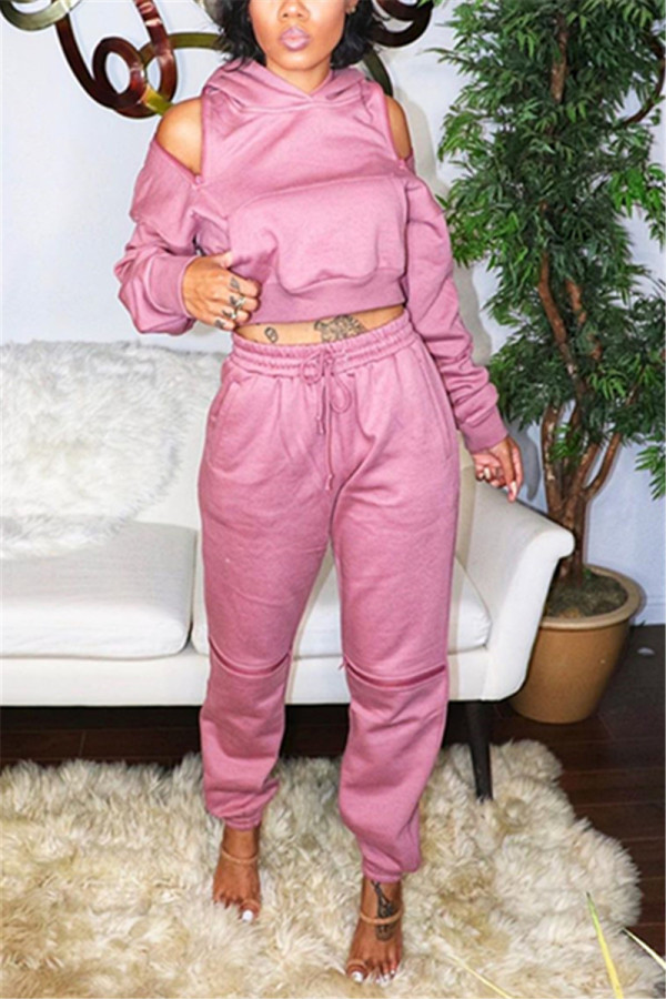 Pink Fashion Casual Zipper Hooded Long Sleeve Two Piece Set