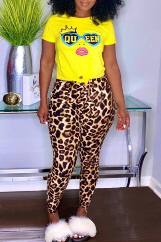 Yellow Fashion Casual Print Basic O Neck Short Sleeve Two Pieces