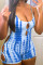 Blue Fashion Sexy Print Hollowed Out Backless Spaghetti Strap Skinny Romper