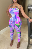 Pink Sexy Print Patchwork Strapless Skinny Jumpsuits