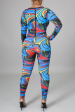 Blue Sexy Print Hollowed Out V Neck Skinny Jumpsuits
