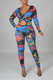 Blue Sexy Print Hollowed Out V Neck Skinny Jumpsuits