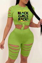 Green Fashion Casual Letter Print Ripped O Neck Short Sleeve Two Pieces