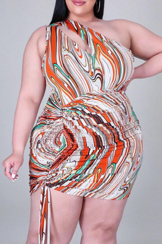 Orange Fashion Plus Size Print Hollowed Out Fold One Shoulder Sleeveless Dress