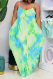 Green Sexy Casual Plus Size Tie Dye Printing Spaghetti Strap Sleeveless Dress