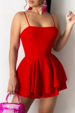 Rose Red Sexy Casual Solid Backless Spaghetti Strap Sleeveless Dress