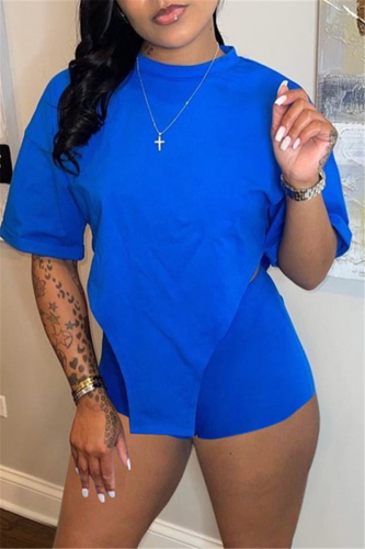 Blue Fashion Casual Solid Asymmetrical O Neck Short Sleeve Two Pieces